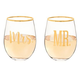 Mr. & Mrs. Gold Rim Stemless Crystal Wine Glasses - 19.25 oz - Set of 2