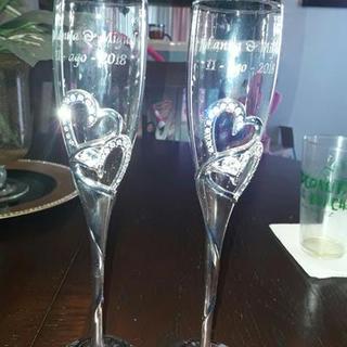 8 oz. Personalized Wedding Two Hearts Reusable Glass Champagne Flute Set -  2 Ct.