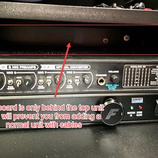The support board that runs behind top unit in the rack blocks cables; doesn't allow room for unit