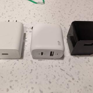Size versus the default Google Pixel 18W charger and a Monoprice Select 2.4A charger.