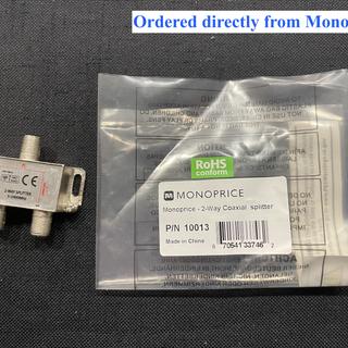 The low-quality 2-way splitter, ordered directly from Monoprice, is not Monoprice-branded.