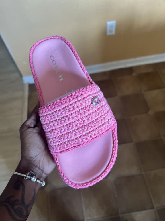 Experience Comfort and Style with Pink Crochet Coach Slides