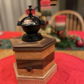 Antique Primitive Copper Hopper Wood Coffee Grinder with Adjustable Grind