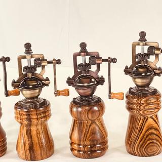 Antique Style Pepper Mill and Salt Mill Set in Jobillo w Copper Inlay