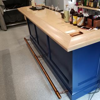 Custom built man cave garage bar. Foot rail kit finishes it off beautifully. Customer is thrilled.