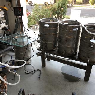 The modified stand to the left of my electric HERMS brewing setup
