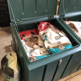 Rodent proof feed storage bin and dispenser.